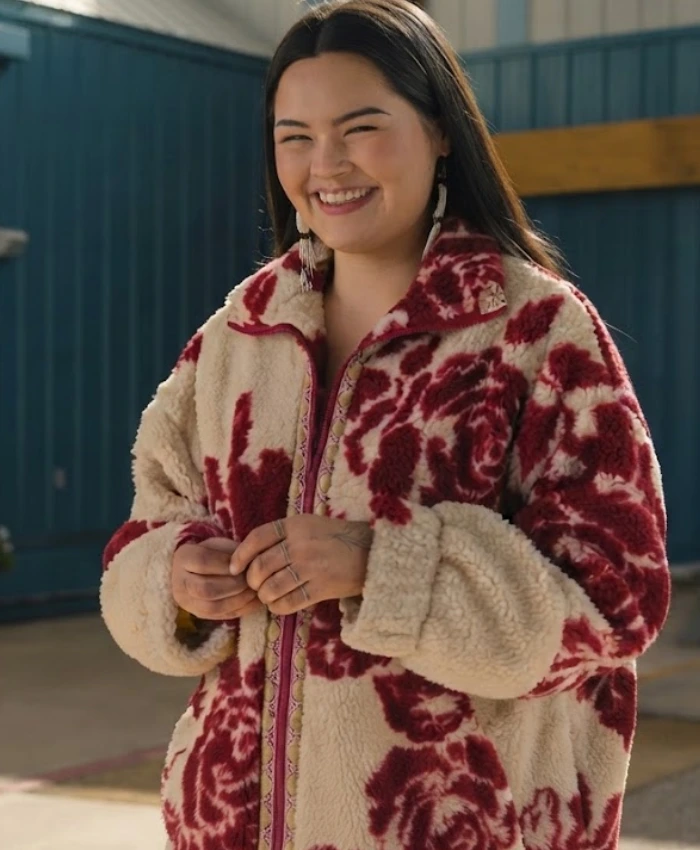 North Of North Anna Lambe Red Floral Sherpa Fleece Jacket For Sale