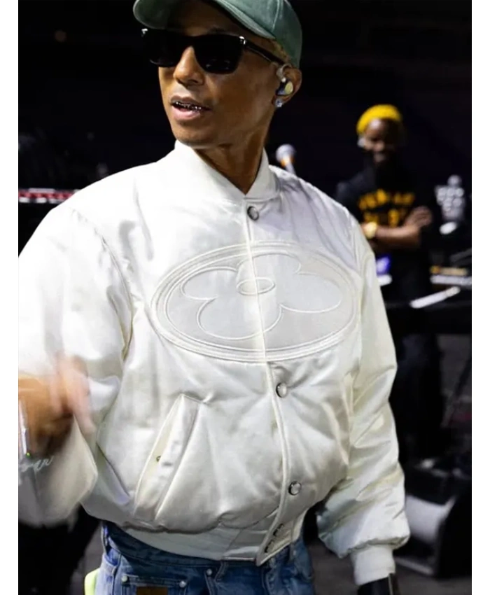 Pharrell Williams Paris Rehearsals Louis Vuitton White Satin Bomber Jacket