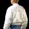 Pharrell Williams Paris Rehearsals Louis Vuitton White Satin Bomber Varsity Jacket