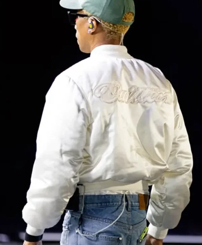 Pharrell Williams Paris Rehearsals Louis Vuitton White Satin Bomber Varsity Jacket