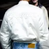 Pharrell Williams Paris Rehearsals Louis Vuitton White Satin Varsity Jacket