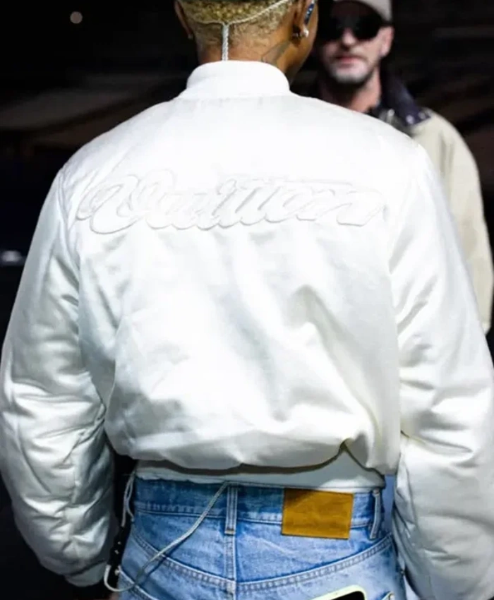 Pharrell Williams Paris Rehearsals Louis Vuitton White Satin Varsity Jacket