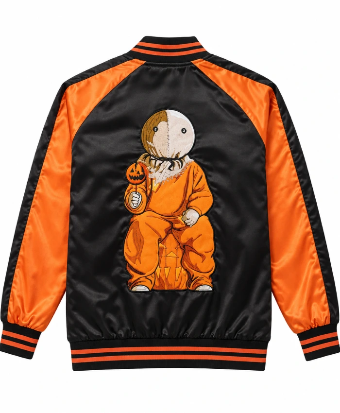Pumpkin Lollipop Black and Orange Satin Varsity Bomber Jacket