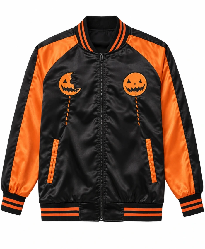 Pumpkin Lollipop Black and Orange Satin Varsity Jacket