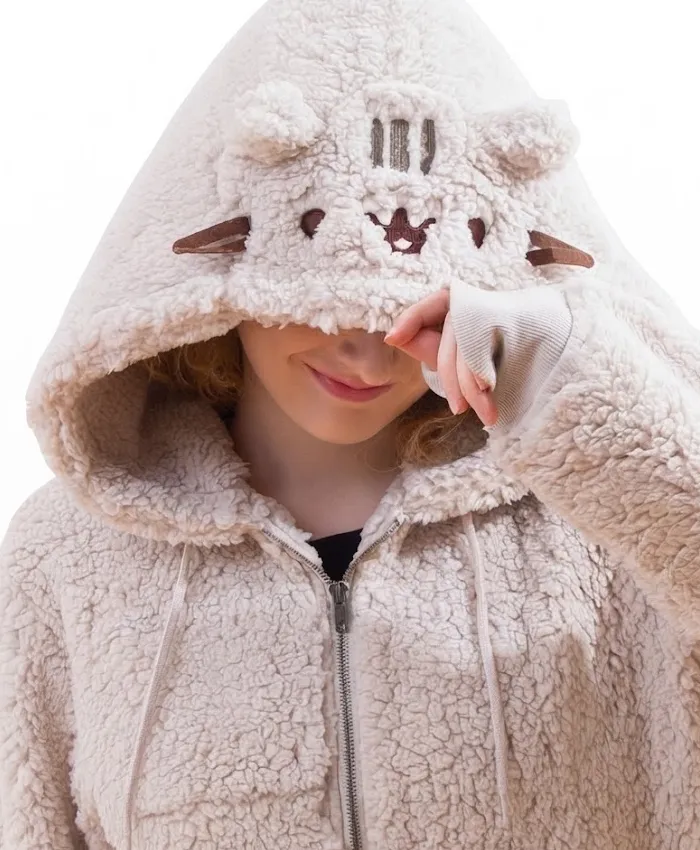 Pusheen Character Zip Up Cream Sherpa Hoodie