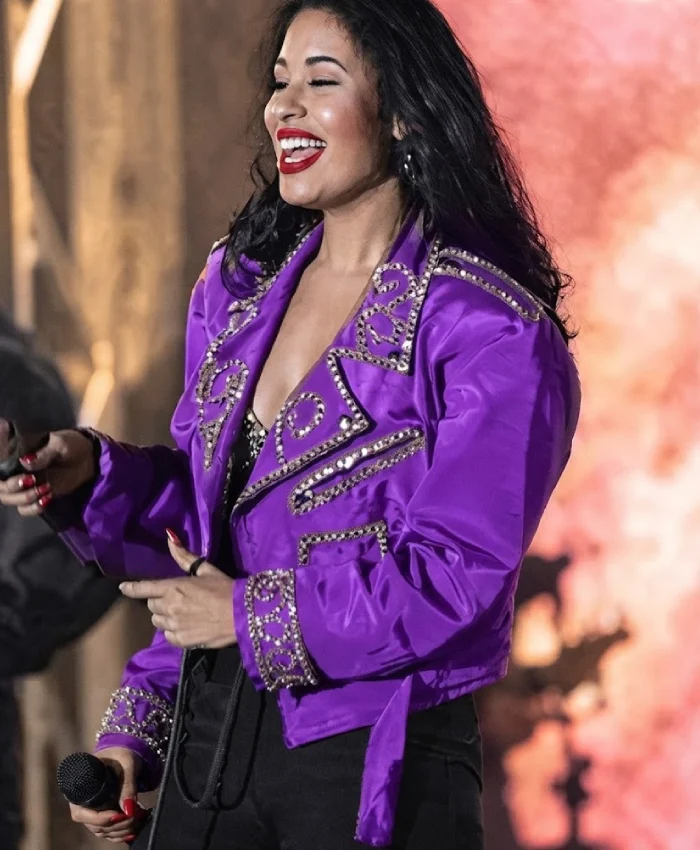 Selena Quintanilla Asymmetrical Style Biker Moto Purple Motorcycle Vegan Sequin Design Leather Jacket
