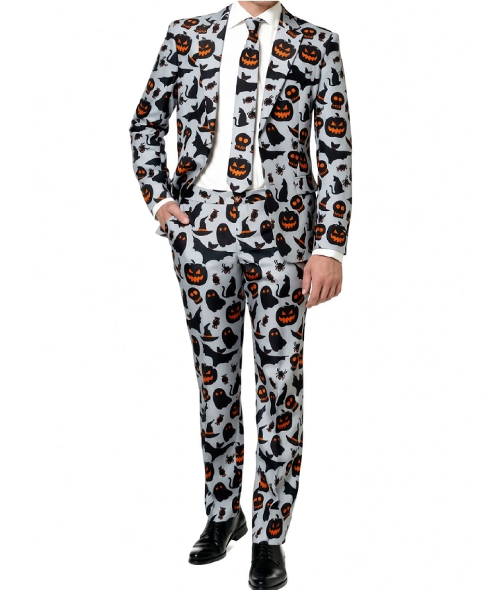 Shop Grey Halloween Pumpkin Printed Suit for Men