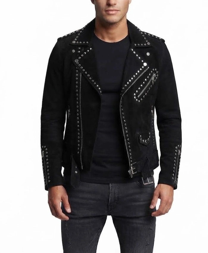 Shop Men And Women Stegaro Black Studded Suede Leather Biker Jacket Sale