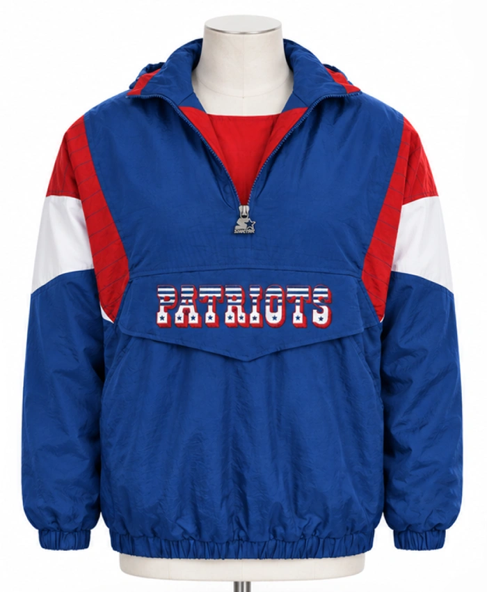 Shop Now Patriots 2026 Throwback Blue Half Zip Hooded Jacket