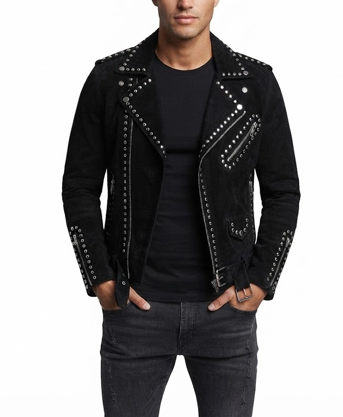 Shop Stegaro Black Studded Suede Leather Biker Jacket Sale