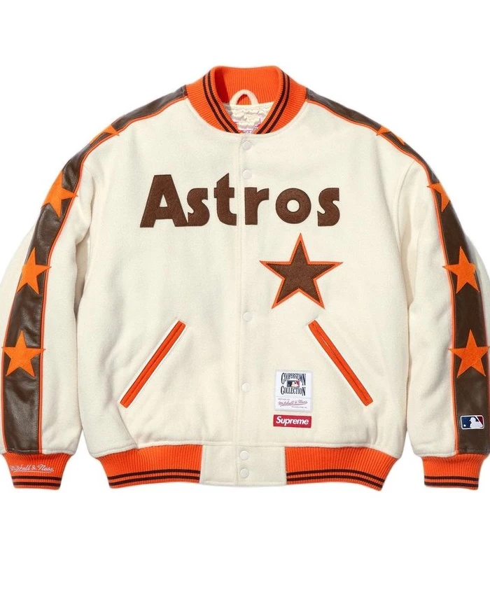 Shop Supreme x Mitchell and Ness Teams Wool Varsity Off White Jacket