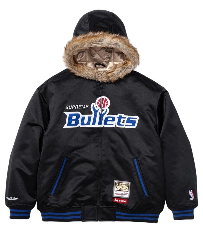 Supreme x Mitchell and Ness Teams Black Hooded Satin Varsity Jacket For Sale