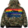 Supreme x Mitchell and Ness Teams Camo Hooded Satin Varsity Jacket For Sale