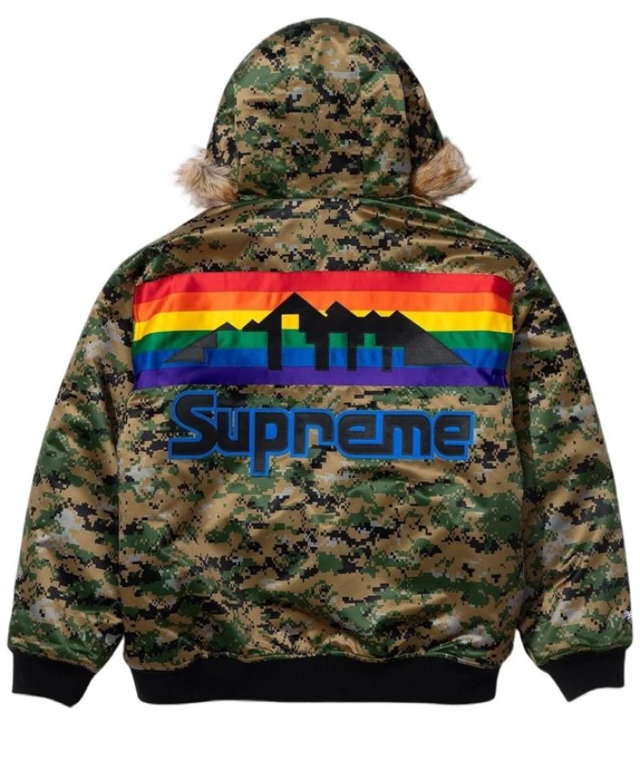 Supreme x Mitchell and Ness Teams Camo Hooded Satin Varsity Jacket For Sale