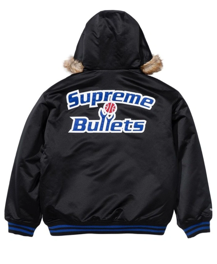 Supreme x Mitchell and Ness Teams Hooded Black Satin Varsity Jacket For Sale
