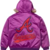 Supreme x Mitchell and Ness Teams Hooded Purple Satin Varsity Jacket For Sale