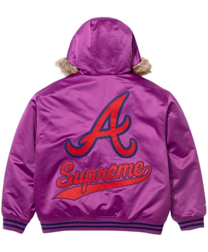 Supreme x Mitchell and Ness Teams Hooded Purple Satin Varsity Jacket For Sale