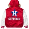Supreme x Mitchell and Ness Teams Hooded Red Satin Varsity Jacket For Sale