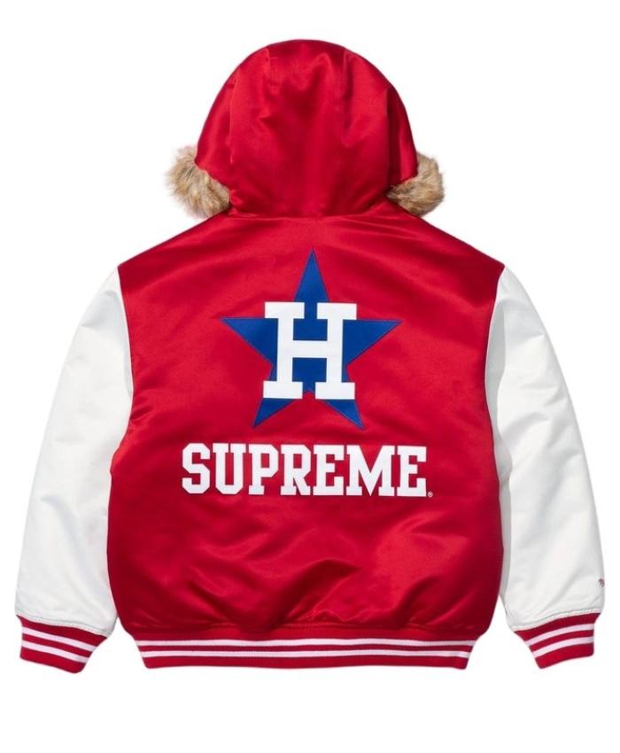 Supreme x Mitchell and Ness Teams Hooded Red Satin Varsity Jacket For Sale