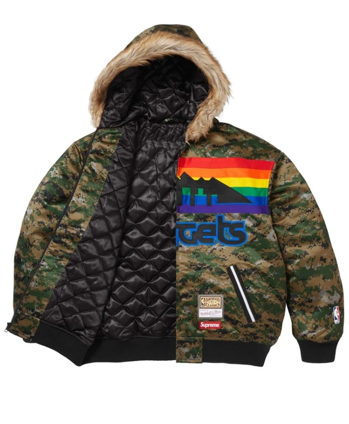 Supreme x Mitchell and Ness Teams Hooded Satin Varsity Camo Jacket For Sale