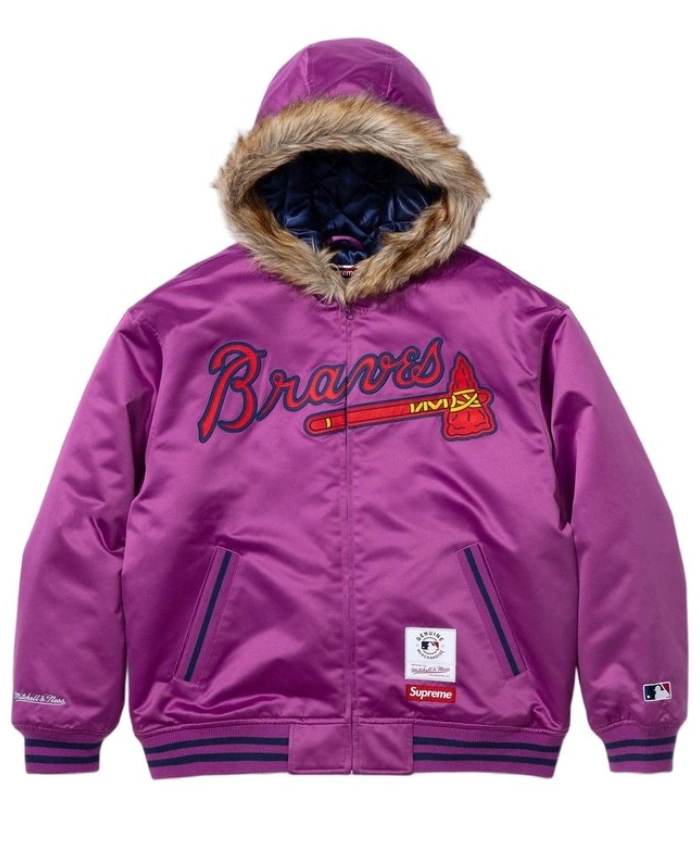 Supreme x Mitchell and Ness Teams Hooded Satin Varsity Purple Jacket For Sale