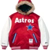 Supreme x Mitchell and Ness Teams Red Hooded Satin Varsity Jacket For Sale
