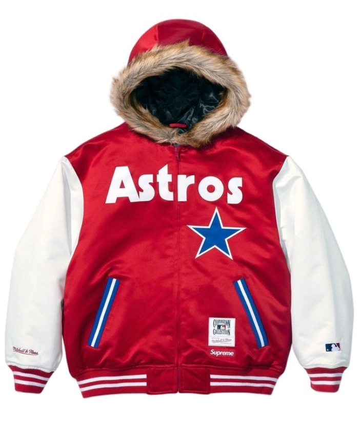 Supreme x Mitchell and Ness Teams Red Hooded Satin Varsity Jacket For Sale