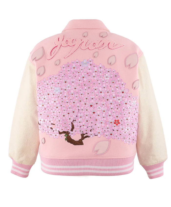 Takashi Murakami Japan Mononoke Sakura Pink Wool Varsity Bomber Jacket On Sale
