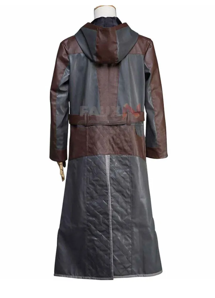 Video Game PUBG Brown And Grey Long Leather Hooded Coat