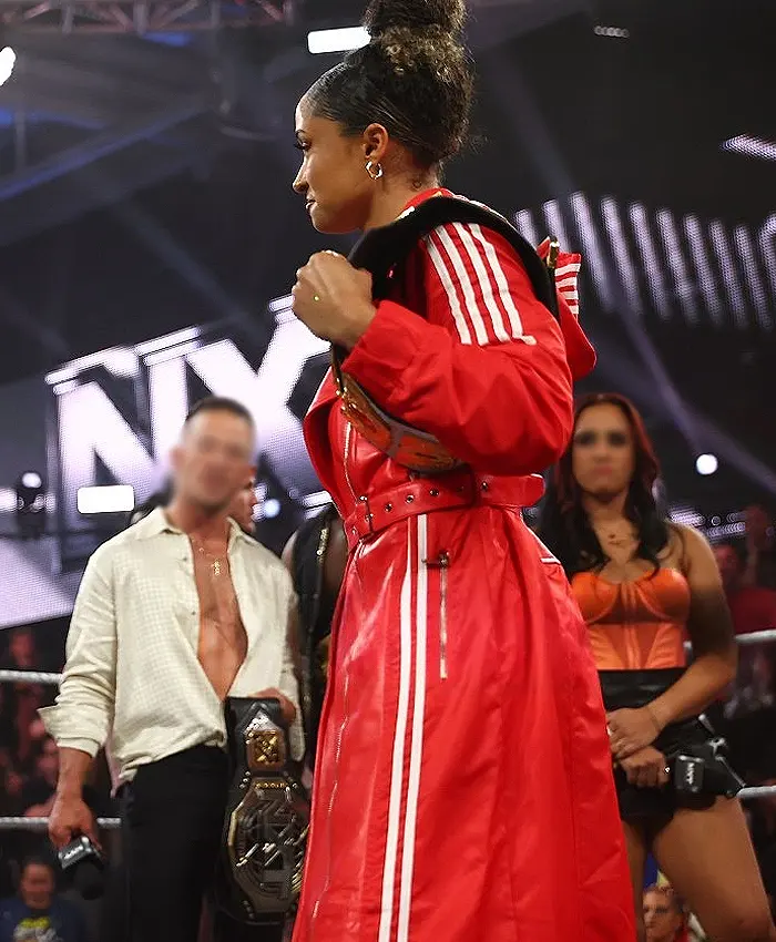 WWE NXT 2026 TNA Knockouts Champion Kelani Jordan Red Leather Adidas 3 Stripes Hooded Coat