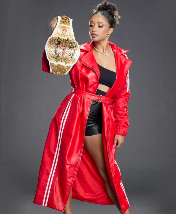 WWE NXT TNA Knockouts Champion Kelani Jordan Red Leather Adidas 3 Stripes Hooded Coat