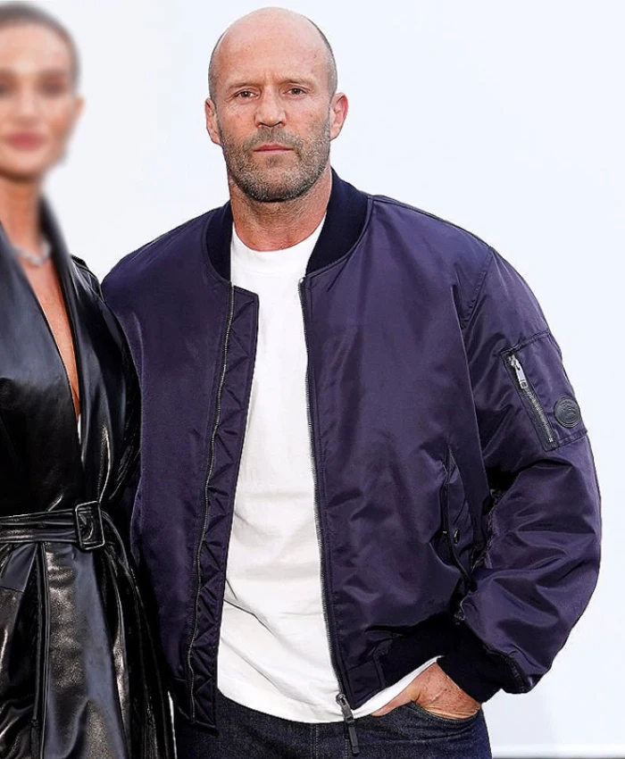 2026 London Fashion Week Jason Statham Blue Bomber Jacket