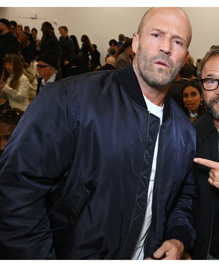 2026 London Fashion Week Jason Statham Blue Satin Bomber Jacket