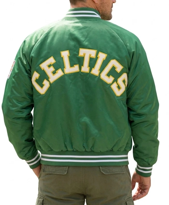 90s Boston Celtics Spellout Full Snap Green Satin Bomber Jacket