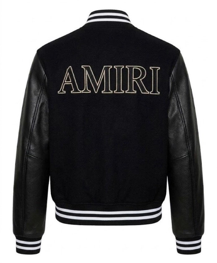 AMIRI Full Snap Wool with Leather Sleeves Black Varsity Jacket For Sale