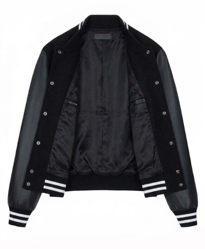 AMIRI Full Snap Wool with Leather Sleeves Black Varsity Jacket Sale