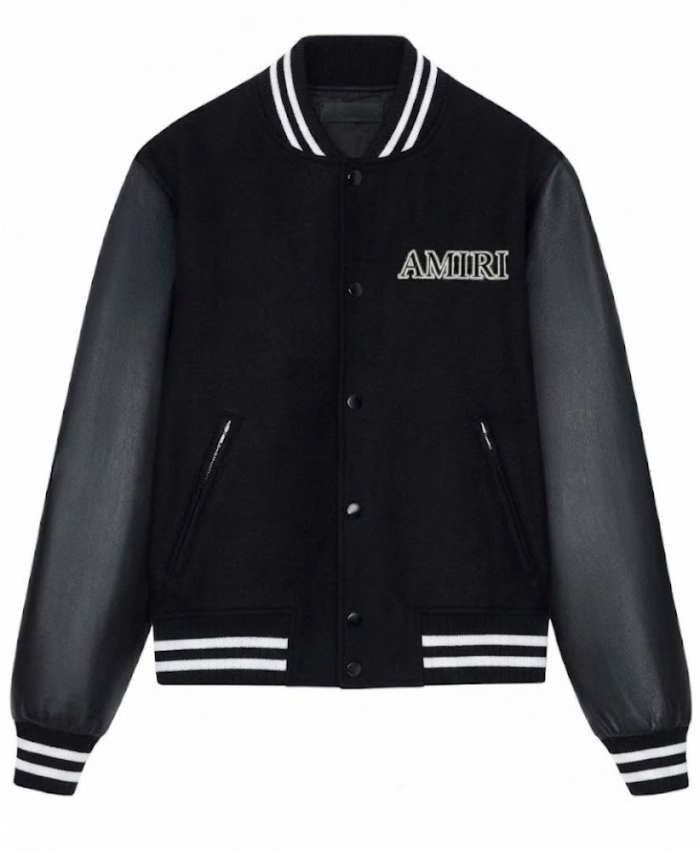 AMIRI Full Snap Wool with Leather Sleeves Black Varsity Jacket