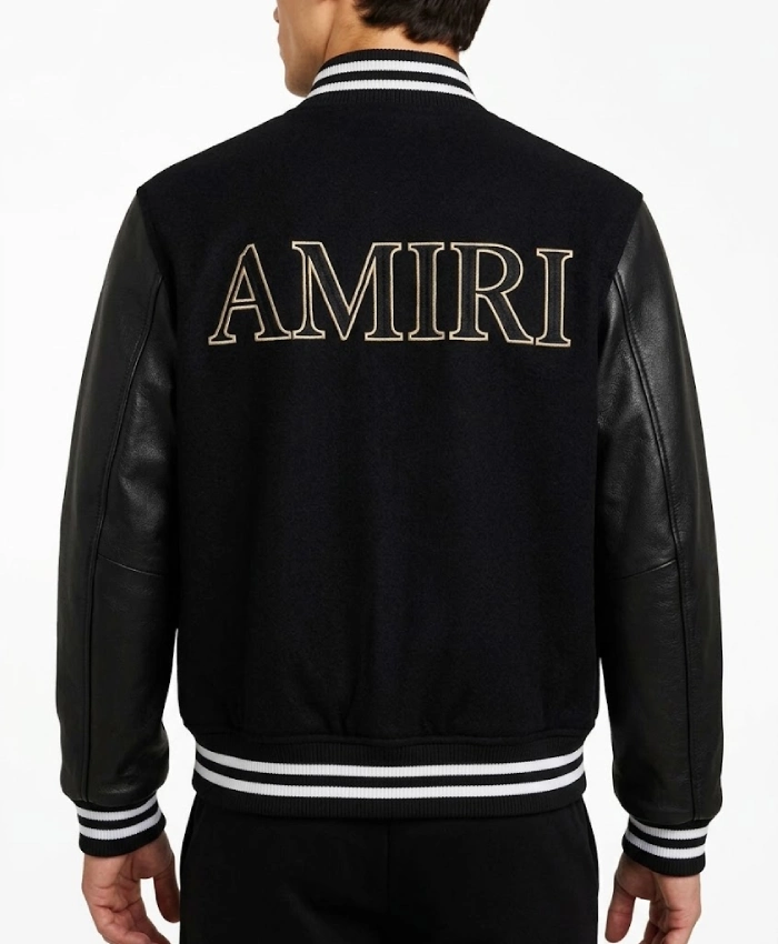 AMIRI Wool with Leather Sleeves Black Varsity Jacket For Sale