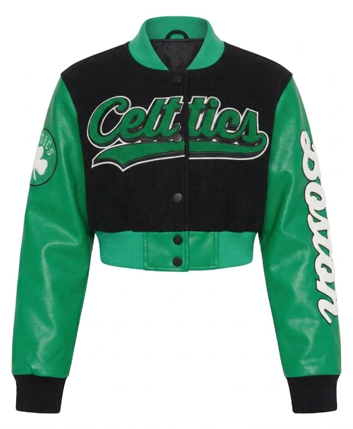 Boston Celtics Cropped Black and Green Varsity Jacket - Image 2