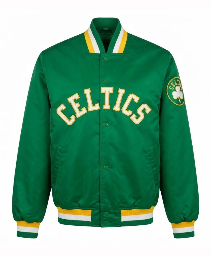 Boston Celtics Full Snap Green Satin Varsity Jacket
