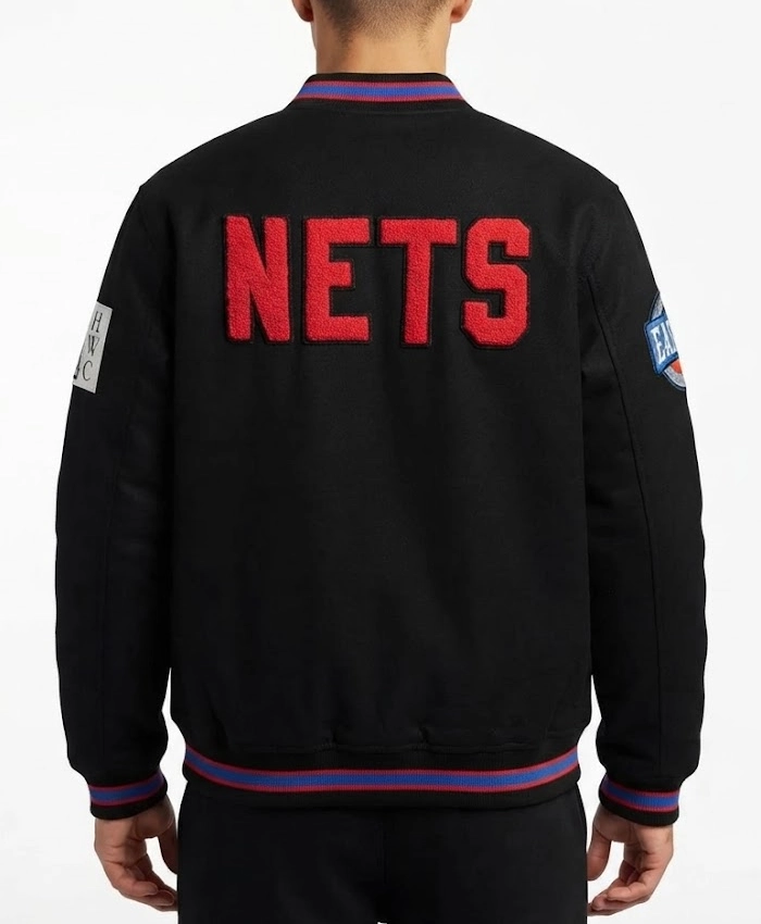 Brooklyn Nets Chenille Patches Full Snap Black Varsity Wool Jacket