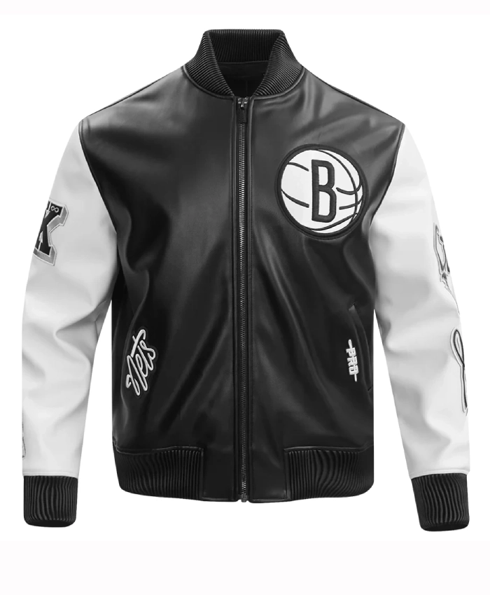 Brooklyn Nets City Signature Black and White Varsity Leather Jacket
