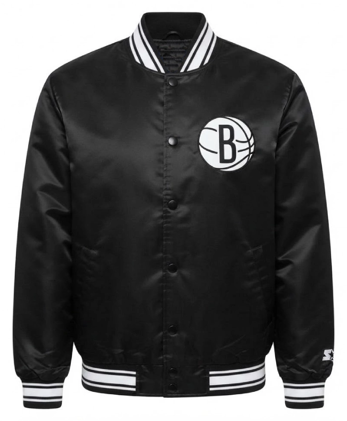 Brooklyn Nets Triangle Full Snap Black Satin Jacket