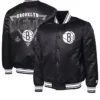 Brooklyn Nets Triangle Full Snap Black Varsity Satin Jacket