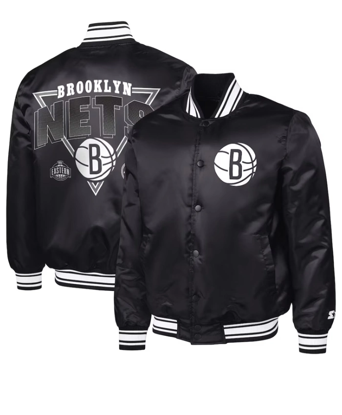 Brooklyn Nets Triangle Full Snap Black Varsity Satin Jacket