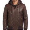Brown Hooded Leather Bomber Jacket