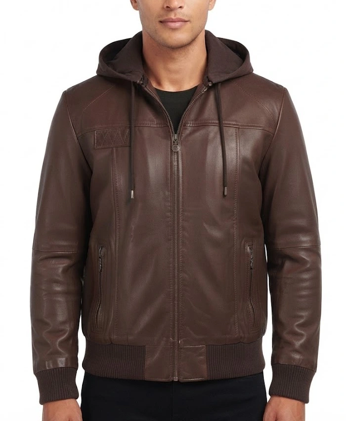 Brown Hooded Leather Bomber Jacket