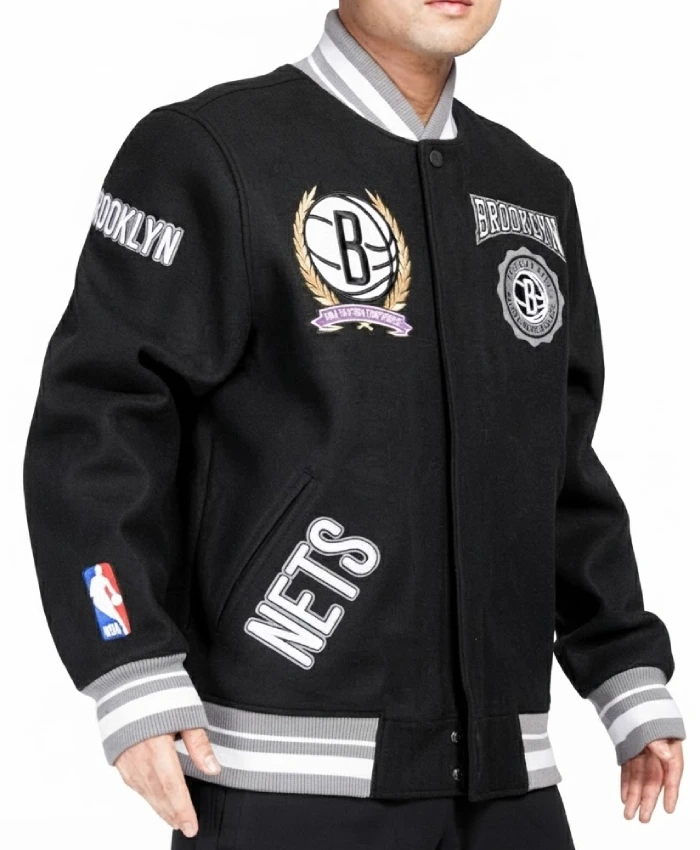 Get Now Brooklyn Nets Crest Black Varsity Wool Jacket