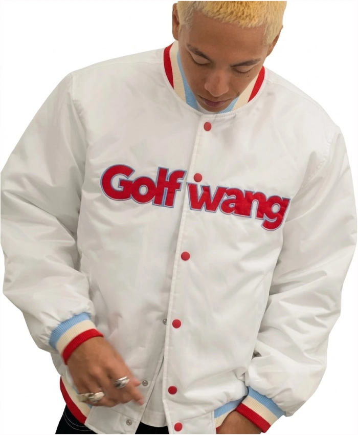 Golf Wang White Full Snap Satin Varsity Bomber Jacket Sale