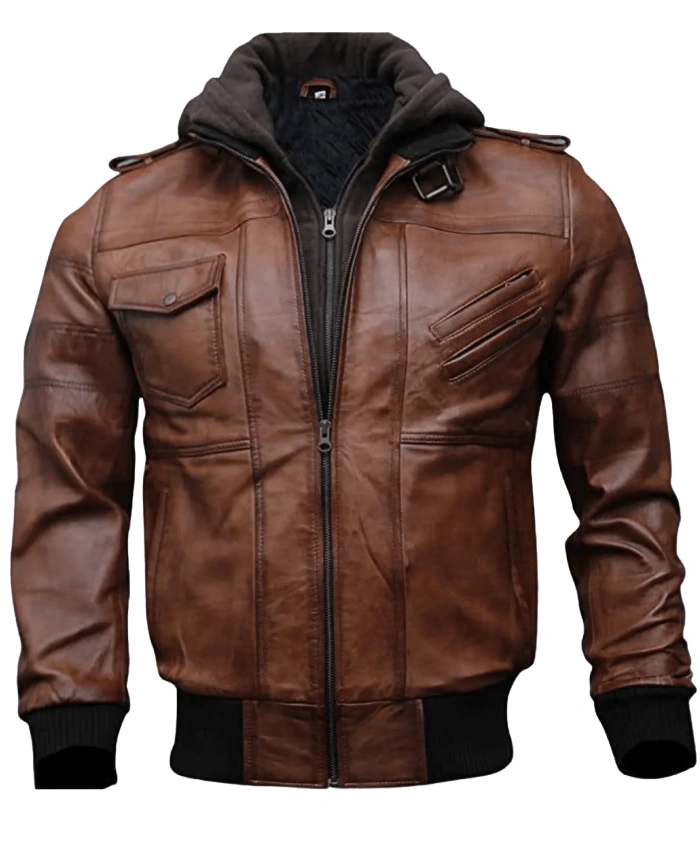 Hooded Brown Leather Bomber Jacket On Sale